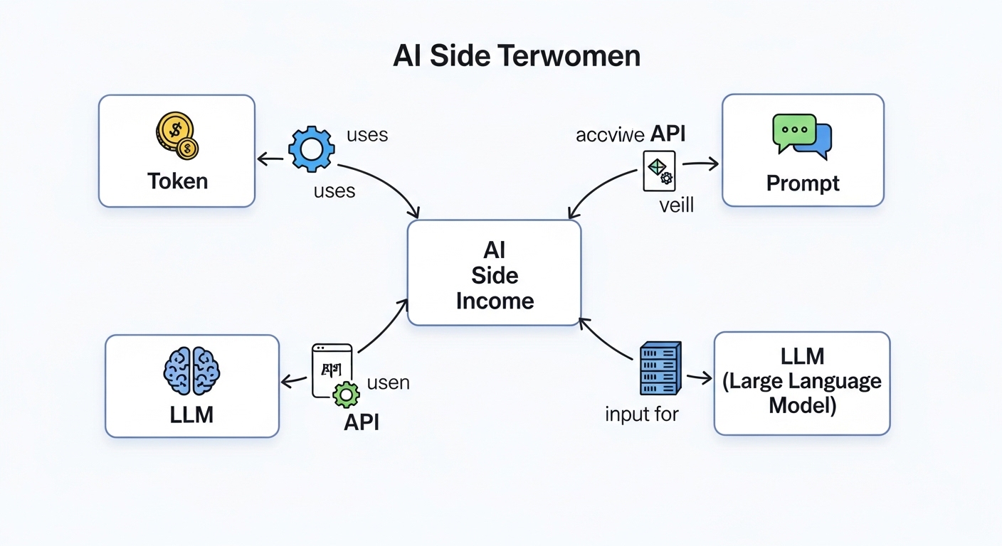 AI 부수입 기초 용어 관계도 인포그래픽 토큰 API 프롬프트 LLM 연결 구조