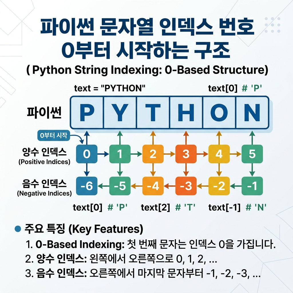 파이썬 문자열 인덱스 번호 0부터 시작하는 구조를 시각적으로 보여주는 다이어그램