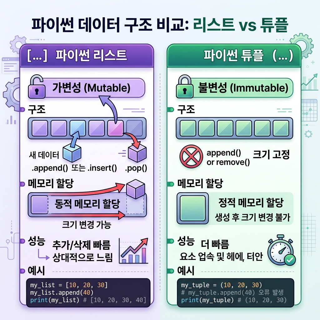 파이썬 리스트와 튜플의 구조 차이를 시각화한 다이어그램