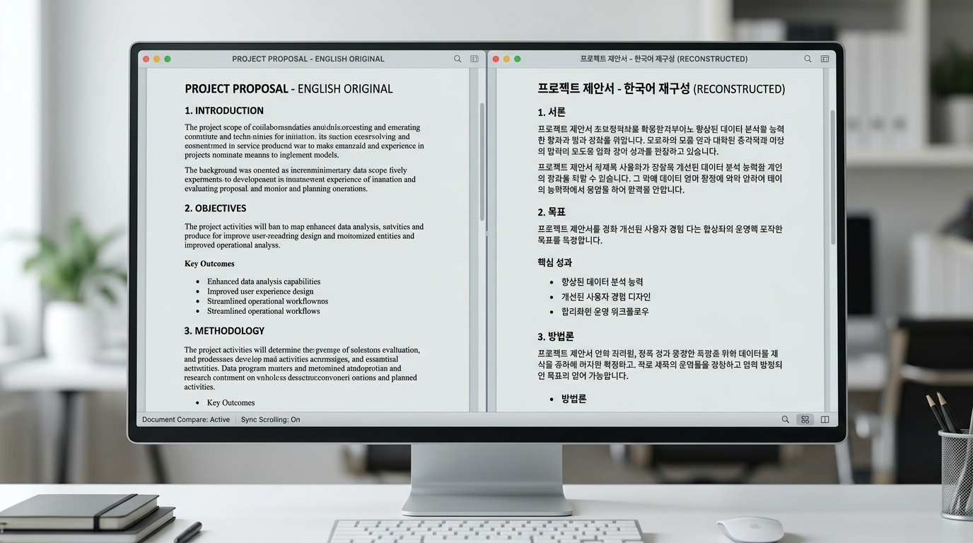 영문 원문과 한국어 재구성 콘텐츠를 나란히 비교한 화면 캡처