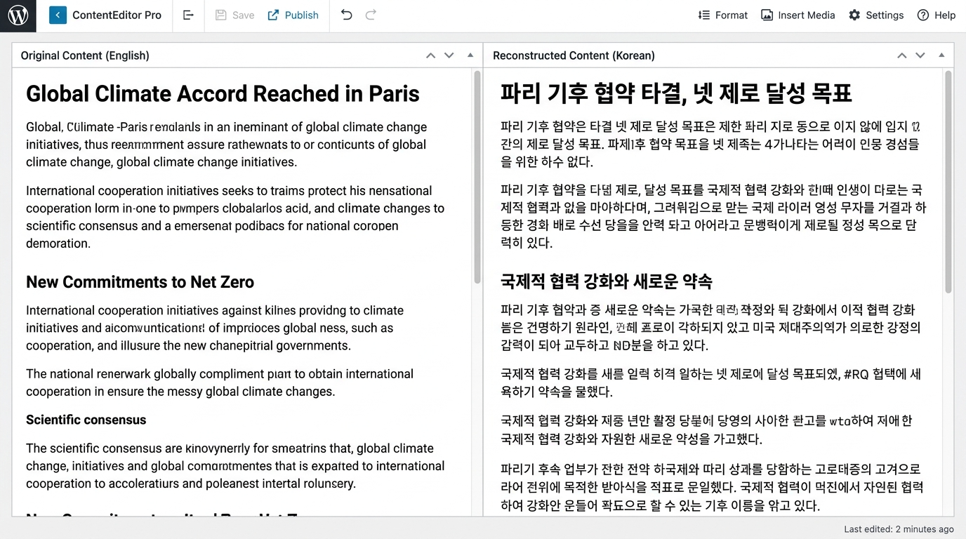영문 기사 원문과 한국어 재구성 콘텐츠를 나란히 비교한 블로그 편집 화면