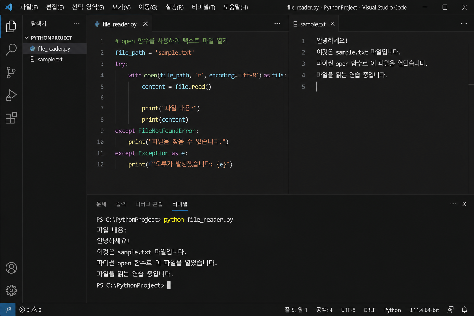 파이썬 코드 에디터에서 open 함수로 텍스트 파일을 열고 있는 화면 스크린샷