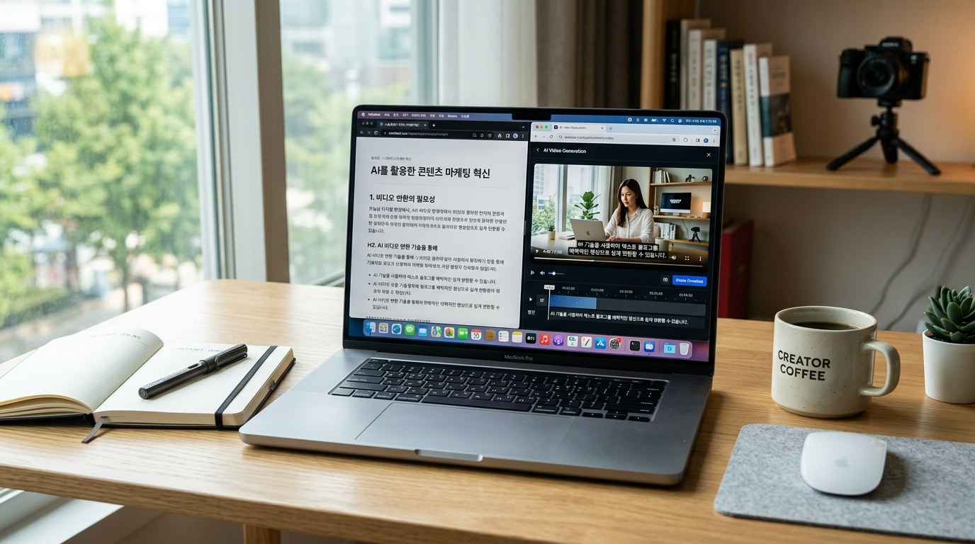 노트북 화면에 블로그 글과 AI 영상 변환 결과가 나란히 표시된 작업 환경