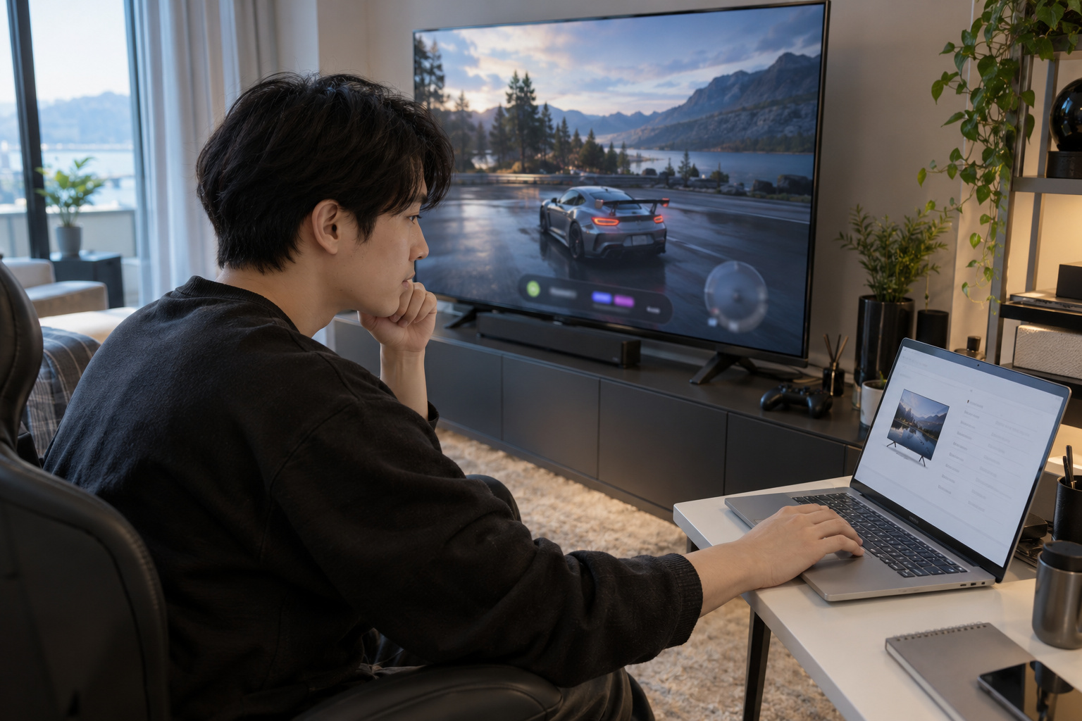 한국의 가정용 게임 공간에서 노트북의 TV 제품 사양표와 레이싱 게임 화면 하단의 게임 상태 표시를 비교해 확인하는 사람