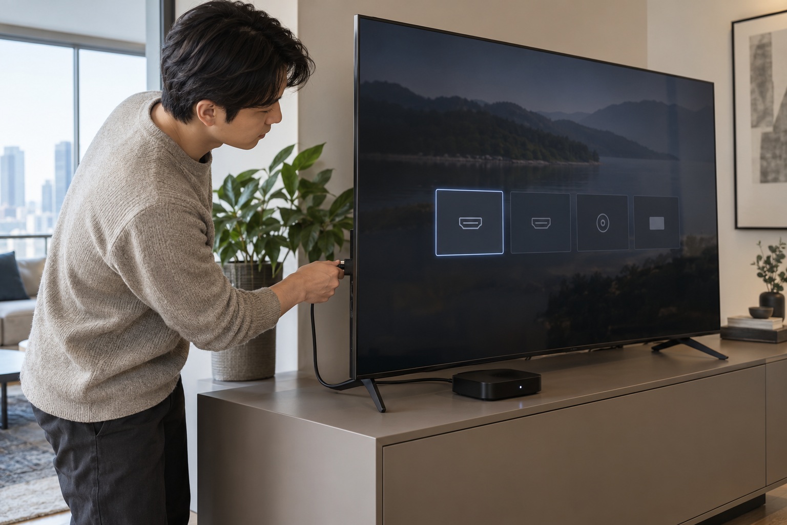 입력 선택 메뉴가 표시된 TV 옆에서 한국인 사용자가 셋톱박스와 연결된 HDMI 케이블의 TV 측 단자를 확인하는 모습