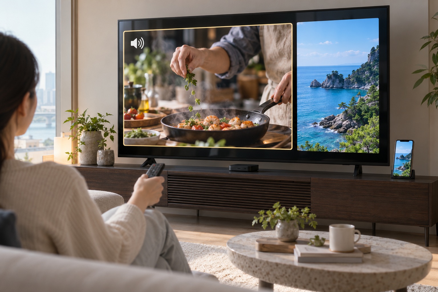 한국 아파트 거실에서 리모컨으로 TV 멀티뷰의 음성 출력 화면을 선택하는 모습. TV에는 요리 방송과 스마트폰에서 공유한 세로형 해안 영상이 함께 표시되고 한쪽 화면에 스피커 아이콘이 보인다.